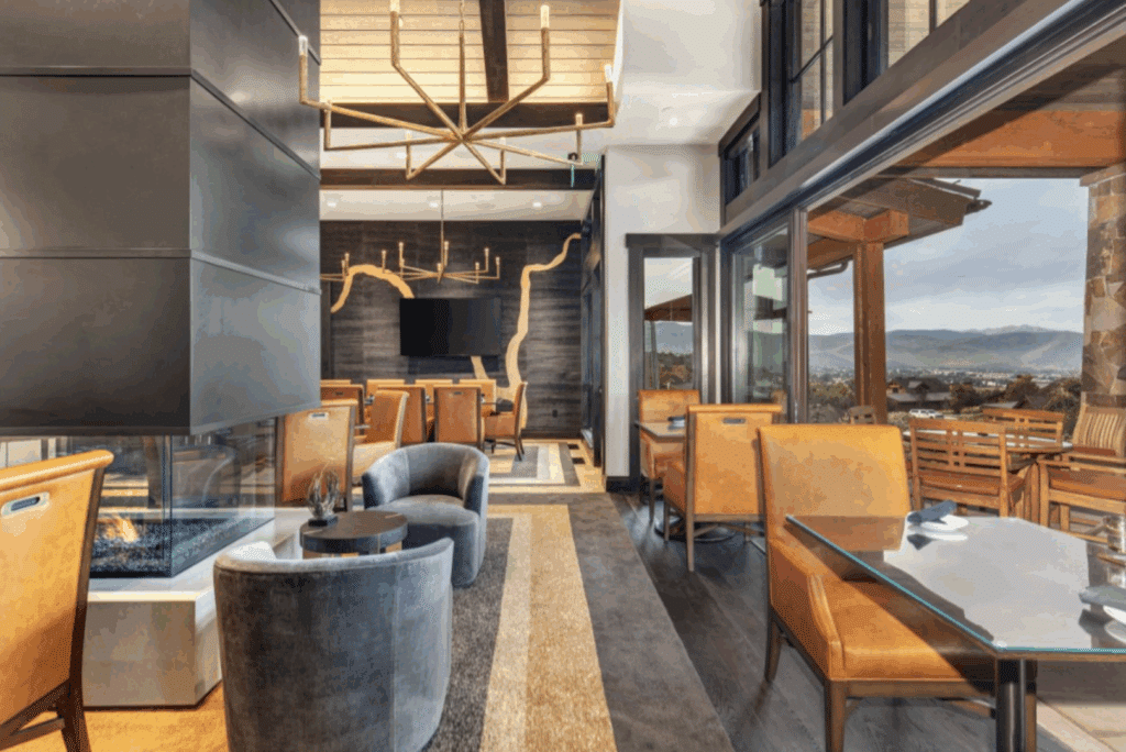 Cozy lounge with contemporary furniture and ambient lighting.